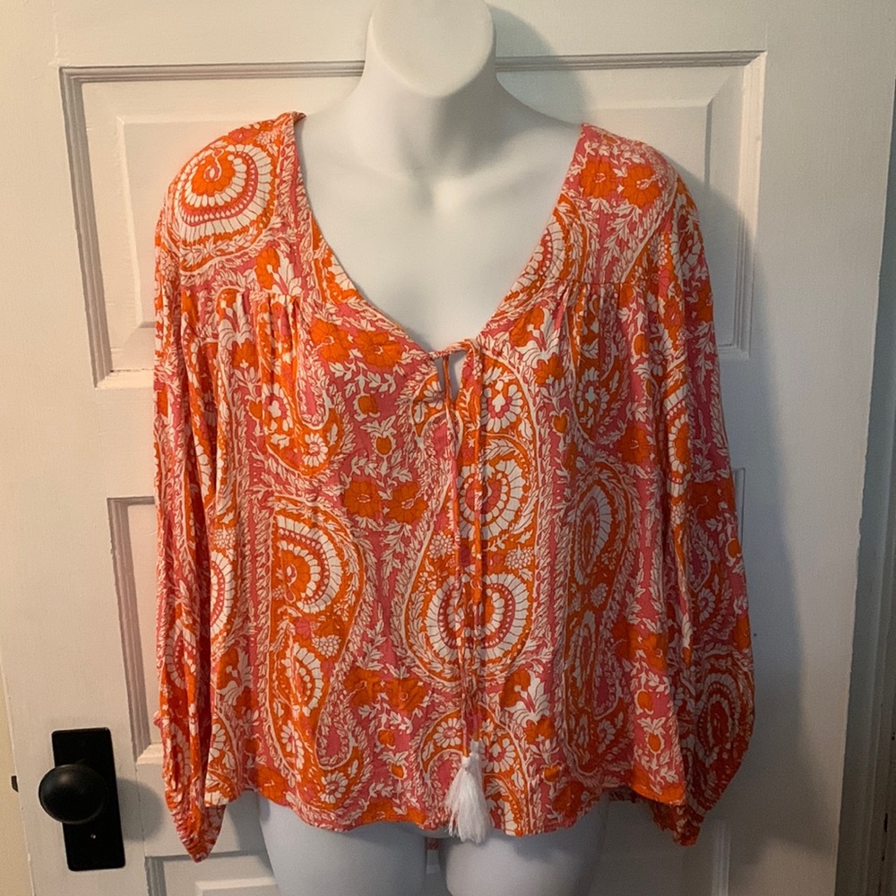 C&C California boho orange print top, size XL, tassel tie, LS